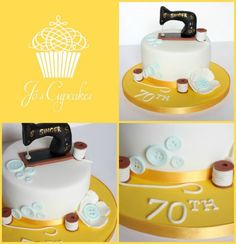 the cake is decorated with white and gold icing, sewing machine, and buttons