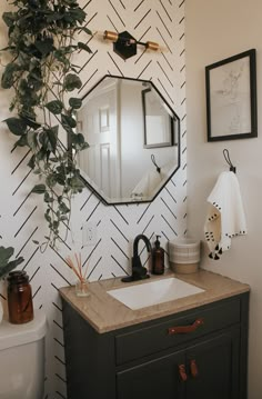 a bathroom sink with a mirror above it and a potted plant in the corner