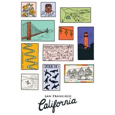 the san francisco california poster is shown with many different things on it's side