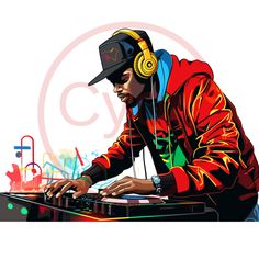 a man wearing headphones and using a dj's turntable in front of an abstract background