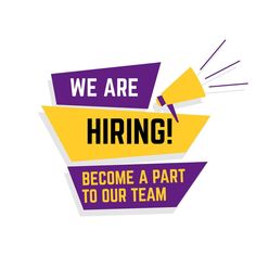 we are hiring sign with the words become a part to our team in purple and yellow