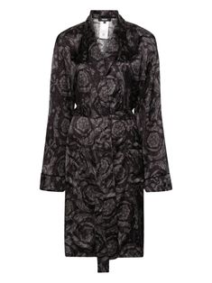 black/grey satin finish signature Barocco print piped-trim detailing shawl collar long sleeves detachable waist belt two front patch pockets straight hem above-knee length unlined Luxury Fitted Long Sleeve Robe, Elegant Formal Robe For Fall, Luxury Long Sleeve Spring Robe, Fitted Long Sleeve Floral Print Robe, Luxury Long Sleeve Robe For Spring, Fitted Formal Robe For Fall, Black Silk Long Sleeve Robe, Elegant Shawl Collar Robe For Fall, Elegant Winter Daywear Robe