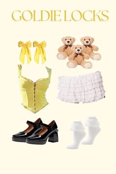 there is a teddy bear and two pairs of shoes next to the dress up clothes