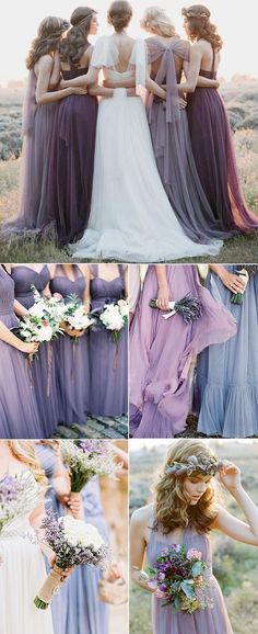 the bridesmaids are all dressed in lavender and white gowns with flowers on their heads