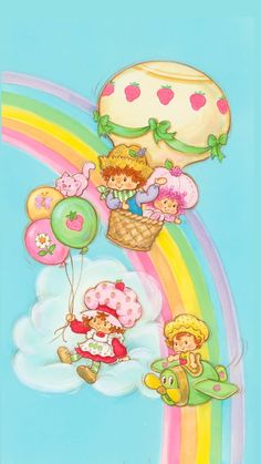 two children are flying in the sky with balloons and doughnuts above them on a rainbow