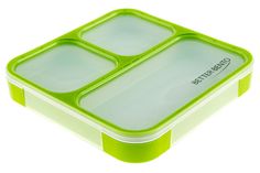 a green and white lunch box with three compartments on the top, one section is divided into four sections