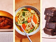 there are three pictures with different foods in them and one has meat, noodles, and carrots