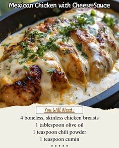 mexican chicken with cheese sauce in a skillet