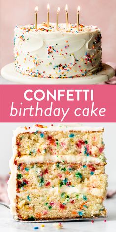 a cake with white frosting and colorful sprinkles on it, next to the words confetti birthday cake