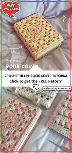 the crochet heart book cover pattern is shown in three different colors and sizes