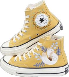 Casual Sneakers With Custom Embroidery, Casual Custom Embroidery Lace-up Sneakers, Casual High-top Sneakers With Custom Embroidery, Embroidered Canvas Low-top Sneakers, Converse Yellow, Birthday Shoes, Embroidered Converse, Converse Custom, Fox Gift