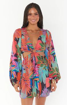 Go Out Cut Out Mini Dress ~ Poppin Poppy – Show Me Your Mumu Chic Cutout Mini Dress For Vacation, Tropical V-neck Mini Dress For Brunch, Vacation Mini Dress With Cutout, Tropical Style Mini Dress, Trendy Mini Dress For Vacation, Summer Mini Dress With Cutout, Flirty Cutout Mini Dress For Vacation, Spring Cutout Mini Dress For Brunch, Spring Brunch Mini Dress With Cutout