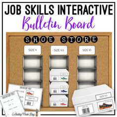 a bulletin board with shoe store labels on it and the words, job skills interactive bulletin board