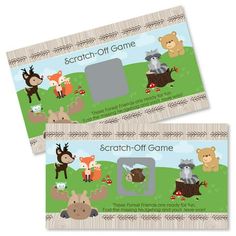 two envelopes with animals on them and the words scratch off game written in black