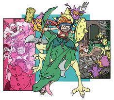 an image of a cartoon character with many other characters in the background, including a dragon