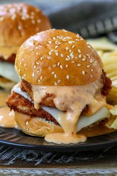 two chicken burgers on a plate with french fries