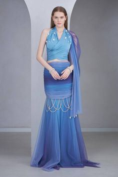 Blue halter neck draped top embellished with pearls and attached drape. Comes with ombre pleated mermaid skirt. - Aza Fashions Elegant Draped Blue Lehenga, Elegant Blue Draped Lehenga, Elegant Blue Floor-length Skirt, Draped Top, Skirt For Women, Mermaid Skirt, Halter Neck Top, Satin Silk, Blue Satin