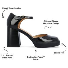 The Sophilynn heels by Journee Collection are made to pair perfectly with all your favorite vintage finds. With their 4 mm Tru Comfort Foam� Insole patent vegan leather platform heel and buckle closure this style is as easy as it is trendy. You're sure to catch compliments with a bold mary jane like this on your feet. Platform Heel, Shoes Heels Pumps, Journee Collection, Mid Heel, Black Pumps, Platform Heels, Vintage Finds, Pumps Heels, Mary Janes