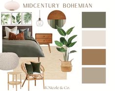 a bedroom with green and brown accents