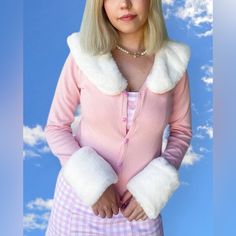 Basuragang - Pink Poodle Cardigan Size Medium Nwt / Never Worn The White Collar And Cuff Are Detachable All Pieces Included Fur Cuffs, Pink Poodle, Cardigan Vintage, Heart Button, Life Of The Party, Pink Cardigan, White Fur, White Collar, Collar And Cuff