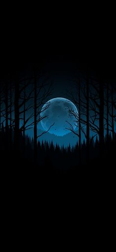 a full moon is seen through the trees