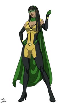 a woman in a yellow and black costume with a green cape on her head, standing