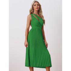 Designed with charming one shoulder, spaghetti strap and pleated skirt, this cocktail dress shows an elegant and feminine look. Soft fabric and elastic waist, making this dress breathable and comfortable to down. Pair the dress with nude or metallic strappy heels, understated accesories, and a clutch for a classic and elegant look. Opt for a sleek updo or soft waves to showcase the one-shoulder design. Suitable for any occasions: cocktail, ball gowns, casual, dating, shopping, holiday, beach, daily wear, formal occasion etc. Sleeveless Green Pleated Spring Dress, Spring Green Sleeveless Pleated Dress, Green One-shoulder Pleated Dress, Summer One-shoulder Asymmetrical Pleated Dress, Green A-line Pleated Sleeveless Dress, Maxi Bodycon Dress, Sleek Updo, Midi Slip Dress, Mini Skater Dress