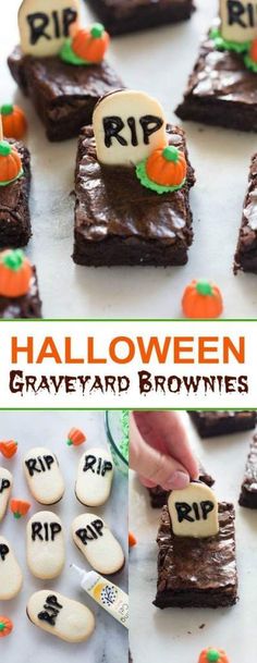 halloween graveyard brownies with marshmallows on top and candy in the middle