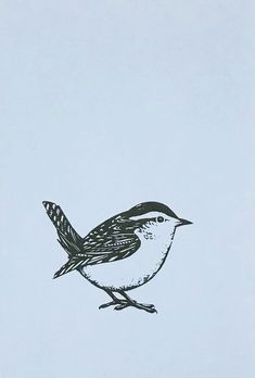 a black and white drawing of a bird on a light blue background