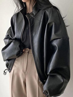 Solid Big Pocket Drawstring Collar Neck Leather Jacket - AnotherChill Short Leather Jacket, Racing Jackets, Vintage Hip Hop, Big Pocket, Vegan Leather Jacket, Collar Neck, Alam Semula Jadi, Leather Jacket Black, 가을 패션