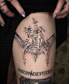 a woman's leg with tattoos on it and the words poisona deviation