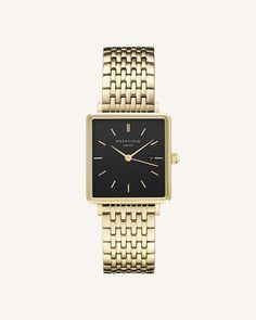 The Boxy Black Gold | Rosefield Official Timeless Rectangular Watch For Everyday Use, Everyday Rectangular Watches With Metal Dial, Rectangular Quartz Watches For Everyday Use, Minimalist Everyday Rectangular Watches, Minimalist Rectangular Everyday Watches, Minimalist Rectangular Dial Watches For Everyday, Minimalist Rectangular Dial Watch For Everyday, Minimalist Everyday Watch With Rectangular Dial, Everyday Minimalist Watch With Rectangular Dial