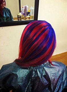 Super hero hair by Jennifer Sexton! Red hair with blue highlights Red And Blue Ombre Hair, Red Blue Hair Color, Blue Hair With Red Highlights, Blue Hair With Red Tips, Red Hair Blue Highlights, Blue To Red Hair, Red And Blue Hair Ombre, Blue And Red Hair Color, Red And Blue Hair Ideas