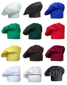 many different colored hats are shown on a white background