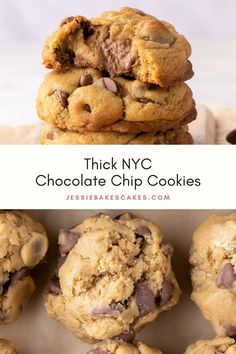 chocolate chip cookies stacked on top of each other with text overlay that reads thick nyc chocolate chip cookies