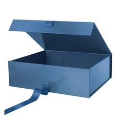 an open blue box with a ribbon in it