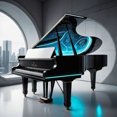 a black grand piano in front of a window with city lights on the windowsill