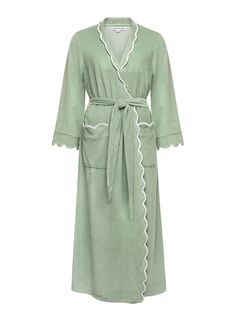 Mid-Weight sage green french terry classic robe with white scalloping. With just the right amount of stretch and no added bulk French Terry is the perfect robe for a cool evening at home. Designed with a classic fit for the perfect not too tailored nor too roomy look. Right in between my kimono (roomy) and tailored (fitted) styles. PRODUCT DETAILS 85% cotton and 15% polyester Fully Scalloped Attached belt Interior sash ties Front pockets Washer and dryer safe Made in India Terry Cloth Robe, Restless Sleepers, Terry Robe, Green French, Product Story, Pastel Fashion, Long Kimono, Sage Green, French Terry