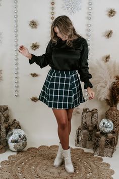 Serving looks, our All The Cheer Plaid Skirt is featured in a slimming true to size fit met with a high rise style waistband. We love this skirt styled effortlessly with limitless looks! Holiday Outfit Inspiration, High Rise Style, Sequin Outfit, Vip Group, Everyday Chic, Plaid Skirt, Green Skirt, Plaid Skirts, Chic Boutique