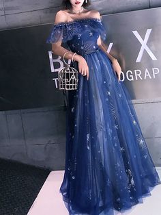 A-Line Sparkle Elegant Prom Formal Evening Dress Off Shoulder Short Sleeve Floor Length Tulle with Tier Embroidery 2021 7993493 2021 – $73.49 Celestial Wedding Dress Blue, Midnight Blue Dress Prom, Space Themed Prom Dress, Blue Star Prom Dress, Starry Night Theme Dress, Starry Night Prom Dress, Starfall Dress, Night Sky Dress, Formal Gowns Elegant