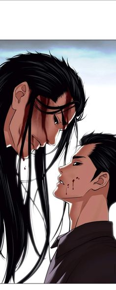 two people with long black hair and one is touching the other's foreheads