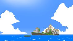 an island in the middle of the ocean with buildings on top and clouds above it