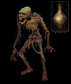 an image of a creepy looking skeleton next to a vase with a light bulb in it