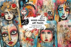 mixed media art pages with different faces and clocks