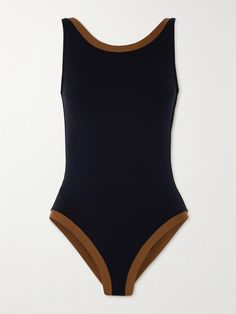 Eres's 'Sombrero' swimsuit is cut with a high neckline and a deep V-shaped back outlined by contrasting trims in a warm 'Caramelo' shade. It's been made in Italy from the brand's signature  peau douce  fabric that sculpts and supports the figure. Tie a patterned pareo at the waist when making your way to the beach. High Neck Bathing Suit, Fitted Beachwear Swimwear With Contrast Trim, 80s Swimsuit, Beautiful Swimsuit, Chanel Loafers, Mommy Outfits, Backless Swimsuit, Fashionably Late, Swimsuit Pattern