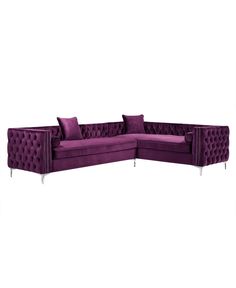 a purple sectional sofa with chrome legs and buttons on the back, in front of a white background