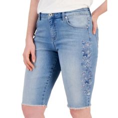 Soft Stretch Denim And A Slimming Panel Brings A Sleek Fit To These Style & Co Bermuda Shorts. Fading And Raw Hems Give You A Lived-In Look. Approx. Model Height It 5'10" And She Is Wearing A Size 6 Approx. Inseam: 12" Approx. Rise: 10-3/4" Zipper And Button Closure; Belt Loops Soft Stretch Denim With Great Recovery, Slimming Pocket Panel; Raw Hems Cotton/Polyester/Elastane Machine Washable Imported Bermuda Shorts Women, Athletic Skort, Bermuda Short, Petite Shorts, Embroidered Denim, Floral Print Shorts, Denim Shorts Women, 50 Fashion, Drawstring Shorts