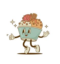 an ice cream sundae cartoon character running with his hands in the air and smiling