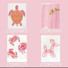 four different pictures of sea animals and palm trees on pink paper with the words, i love