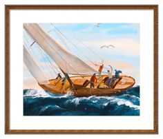 a painting of people on a sailboat in the ocean